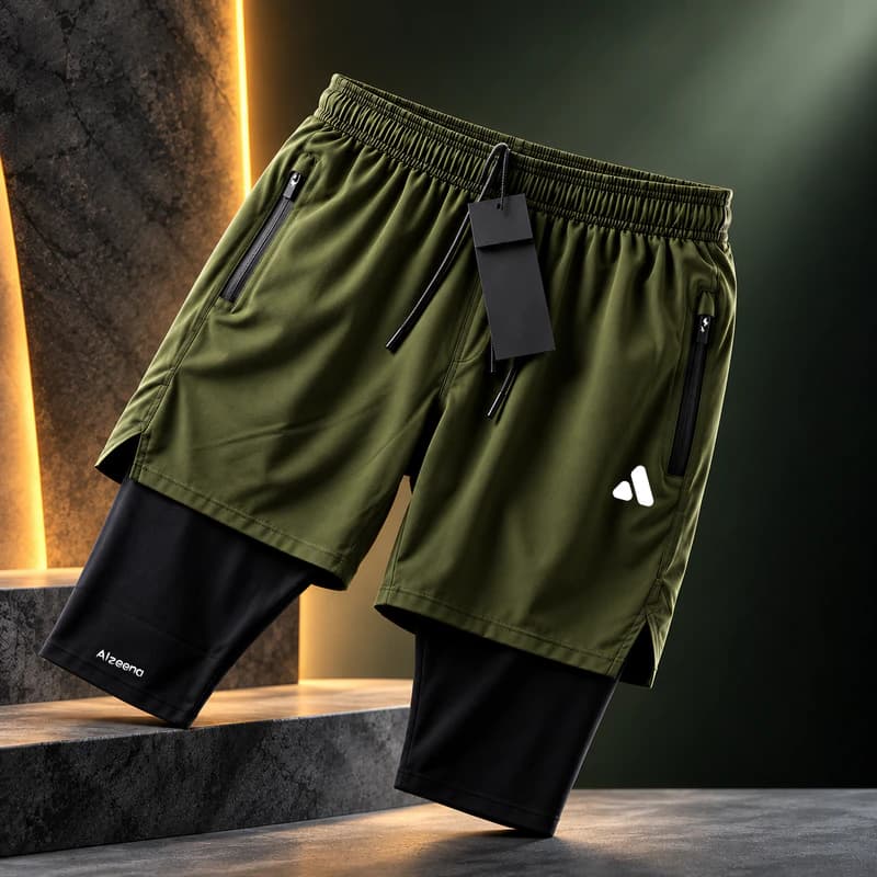 TX173 Olive 2-in-1 Layered Sports Shorts Mens